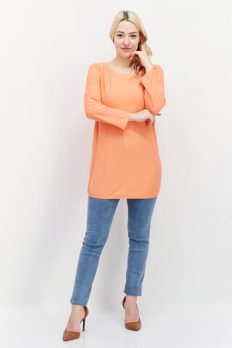 Zero Women Round Neck Long Sleeve Textured Top, Dark Peach - Image 2